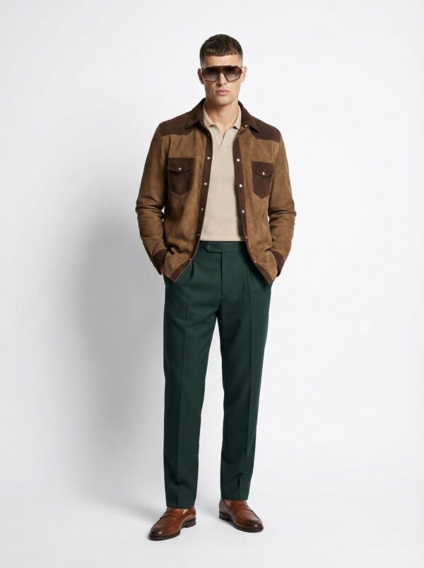 Two-Tone Brown Suede Field Jacket | Contrast Panel Leather Shacket | Men's Shirt Outerwear