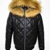 Raccoon Fur Hooded Genuine Leather Men's Black Quilted Bomber Jacket