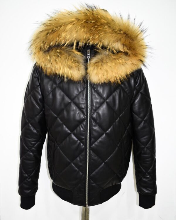 Raccoon Fur Hooded Genuine Leather Men's Black Quilted Bomber Jacket