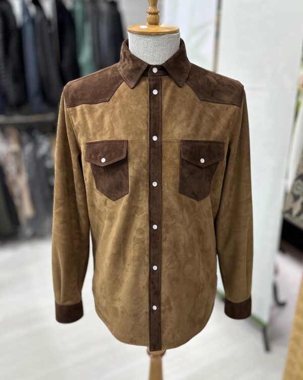 Two-Tone Brown Suede Field Jacket | Contrast Panel Leather Shacket | Men's Shirt Outerwear