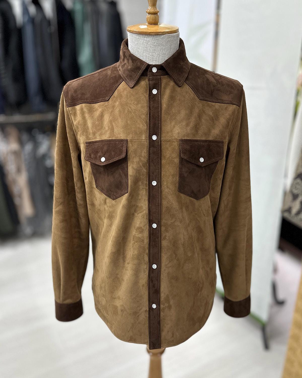 695e5a2159f447123fa576d4.jpg Two-Tone Brown Suede Field Jacket | Contrast Panel Leather Shacket | Men's Shirt Outerwear
