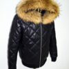 Raccoon Fur Hooded Genuine Leather Men's Black Quilted Bomber Jacket