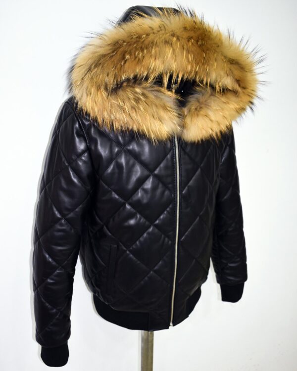 Raccoon Fur Hooded Genuine Leather Men's Black Quilted Bomber Jacket