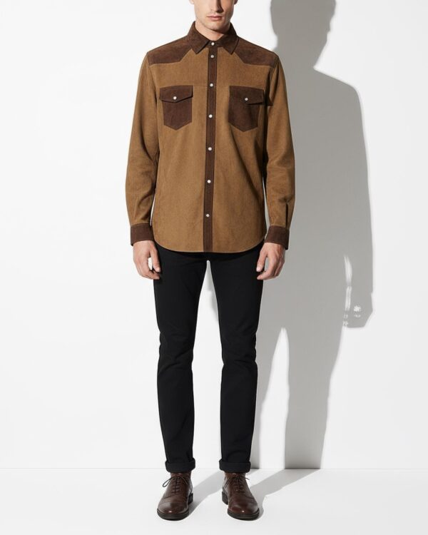 Two-Tone Brown Suede Field Jacket | Contrast Panel Leather Shacket | Men's Shirt Outerwear