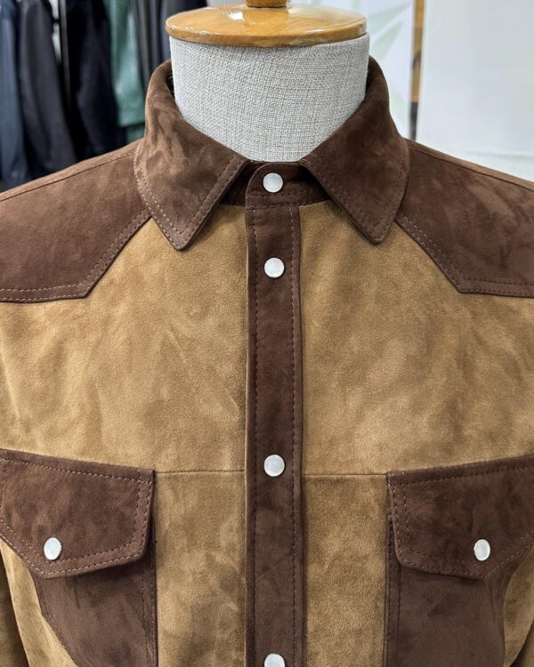 Two-Tone Brown Suede Field Jacket | Contrast Panel Leather Shacket | Men's Shirt Outerwear