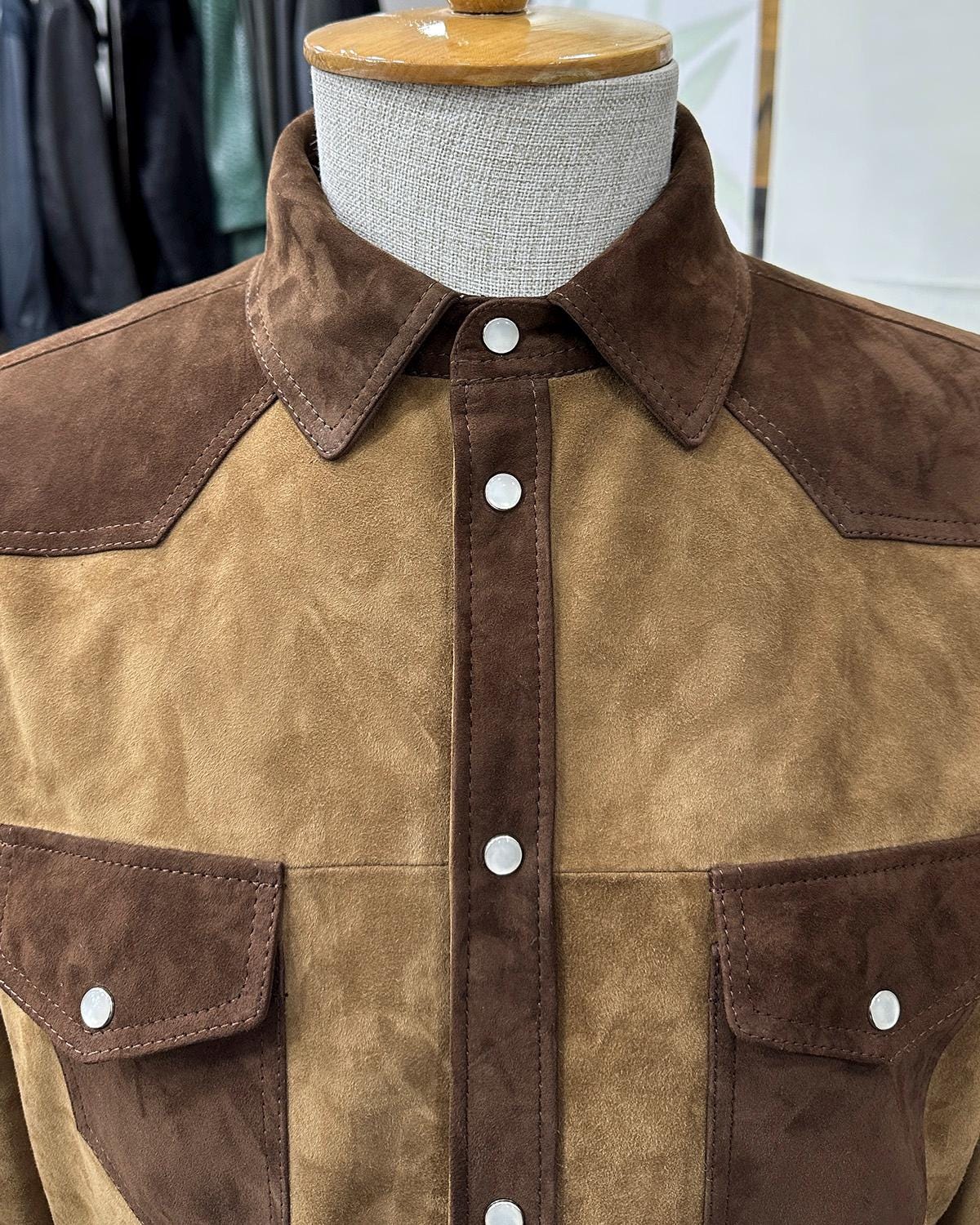 695e5a2259f447123fa57727.jpg Two-Tone Brown Suede Field Jacket | Contrast Panel Leather Shacket | Men's Shirt Outerwear