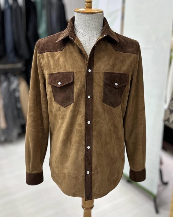 Two-Tone Brown Suede Field Jacket | Contrast Panel Leather Shacket | Men's Shirt Outerwear