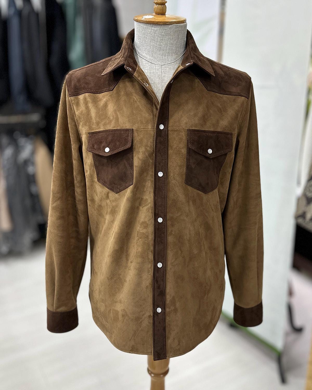 695e5a2359f447123fa57729.jpg Two-Tone Brown Suede Field Jacket | Contrast Panel Leather Shacket | Men's Shirt Outerwear