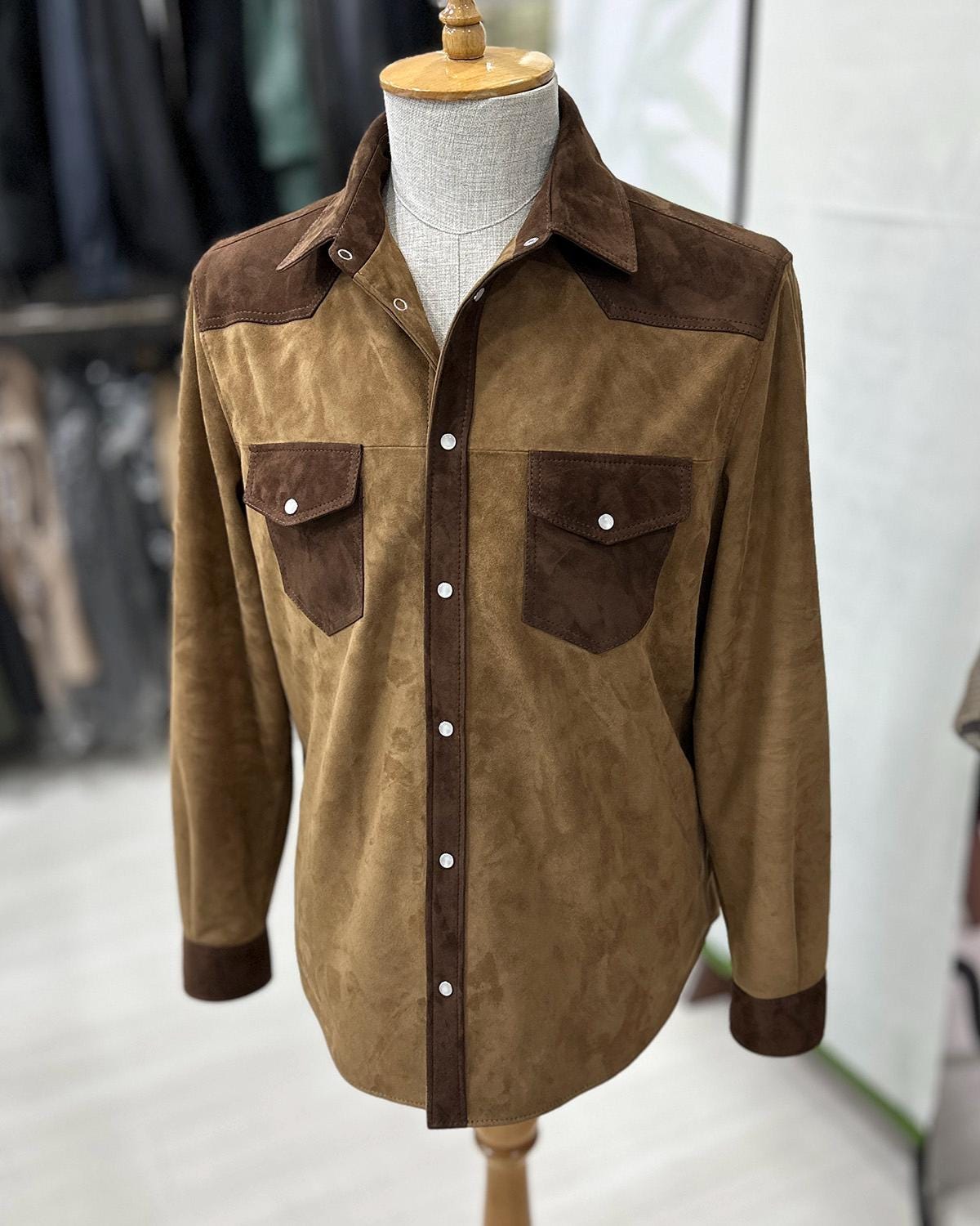 695e5a2359f447123fa5772b.jpg Two-Tone Brown Suede Field Jacket | Contrast Panel Leather Shacket | Men's Shirt Outerwear