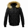 Raccoon Fur Hooded Genuine Leather Men's Black Quilted Bomber Jacket