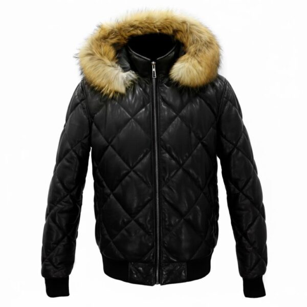 Raccoon Fur Hooded Genuine Leather Men's Black Quilted Bomber Jacket