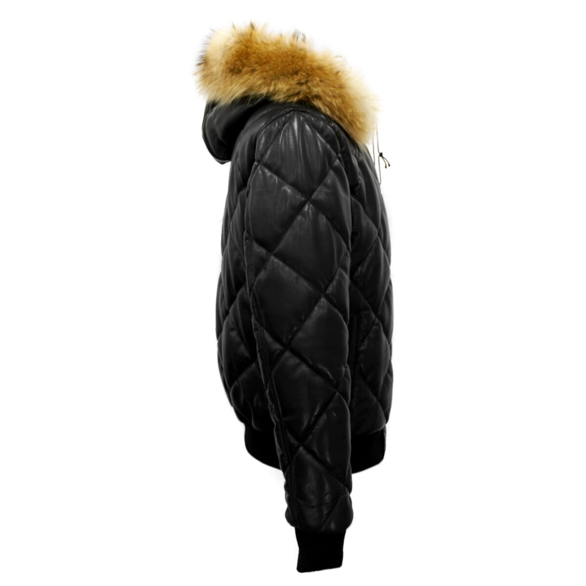 Quilted Leather Hooded Jacket with Raccoon Fur Trim
