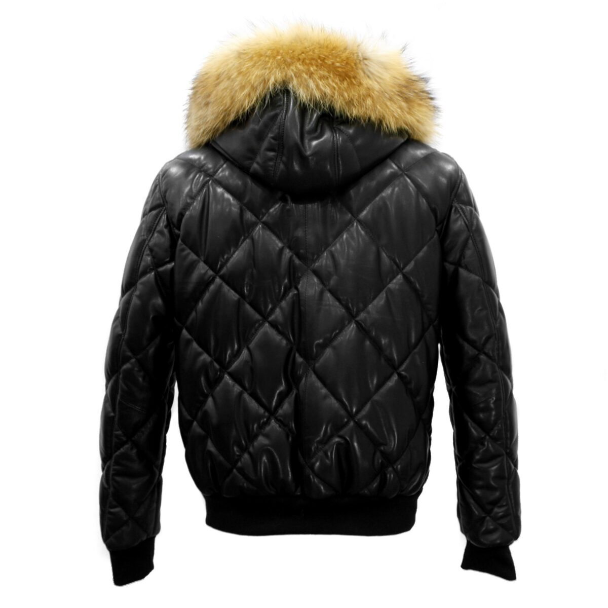 Raccoon Fur Hooded Genuine Leather Men's Black Quilted Bomber Jacket