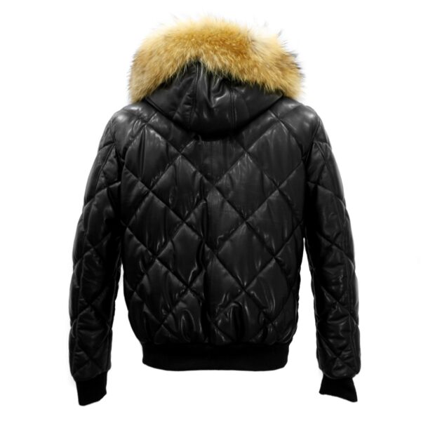 Raccoon Fur Hooded Genuine Leather Men's Black Quilted Bomber Jacket