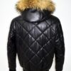 Raccoon Fur Hooded Genuine Leather Men's Black Quilted Bomber Jacket