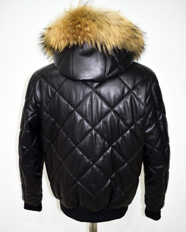 Raccoon Fur Hooded Genuine Leather Men's Black Quilted Bomber Jacket