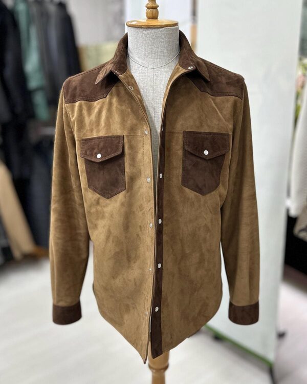 Two-Tone Brown Suede Field Jacket | Contrast Panel Leather Shacket | Men's Shirt Outerwear
