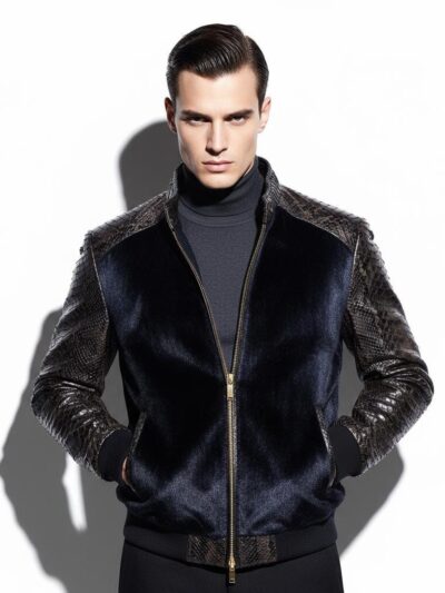Genuine Blue Pony Hair Black Real Python Leather Men's Luxury Handmade Bomber Jacket
