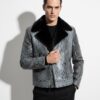 Genuine Python Leather Mink Fur Collar Men's Grey Luxury Biker Jacket