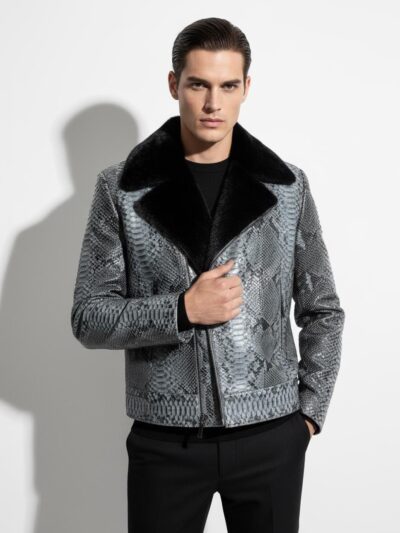 Genuine Python Leather Mink Fur Collar Men's Grey Luxury Biker Jacket