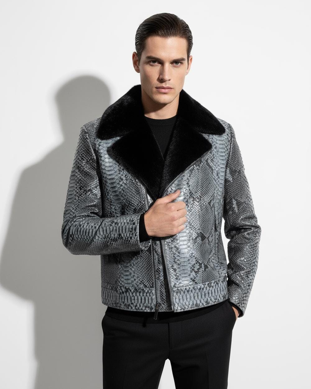 Genuine Python Leather Mink Fur Collar Men's Grey Luxury Biker Jacket
