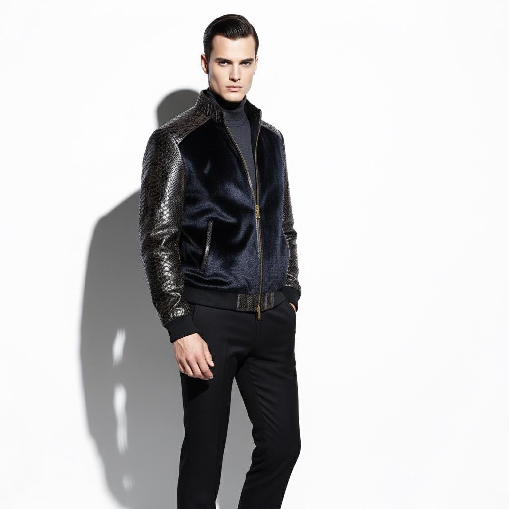 695e5a2859f447123fa577f5.jpg Genuine Blue Pony Hair Black Real Python Leather Men's Luxury Handmade Bomber Jacket