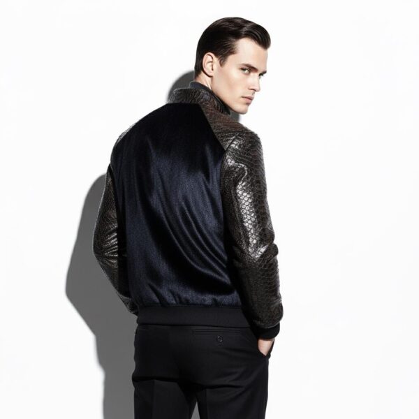 Genuine Blue Pony Hair Black Real Python Leather Men's Luxury Handmade Bomber Jacket