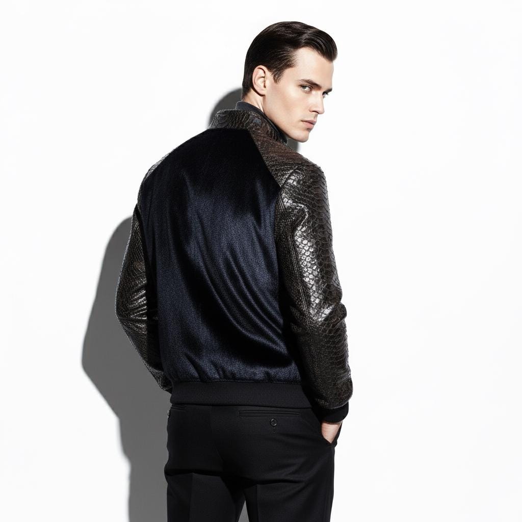 695e5a2859f447123fa577f9.jpg Genuine Blue Pony Hair Black Real Python Leather Men's Luxury Handmade Bomber Jacket