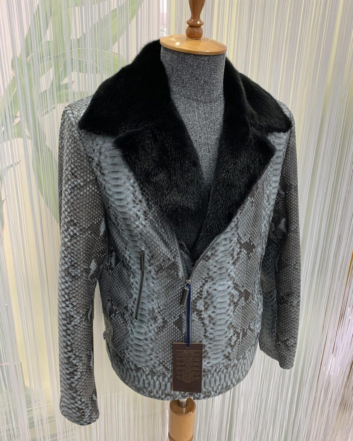 Genuine Python Leather Mink Fur Collar Men's Grey Luxury Biker Jacket