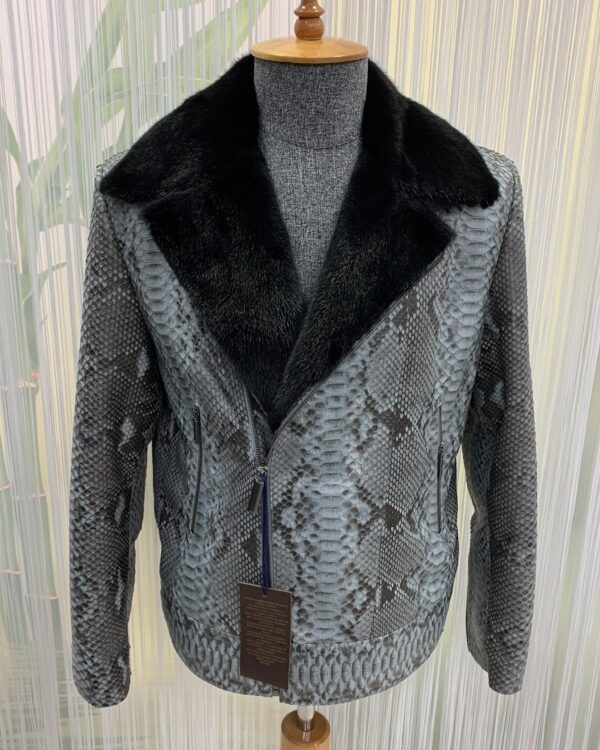 Genuine Python Leather Mink Fur Collar Men's Grey Luxury Biker Jacket