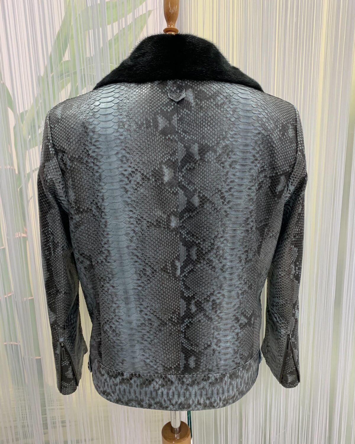 Genuine Python Leather Mink Fur Collar Men's Grey Luxury Biker Jacket