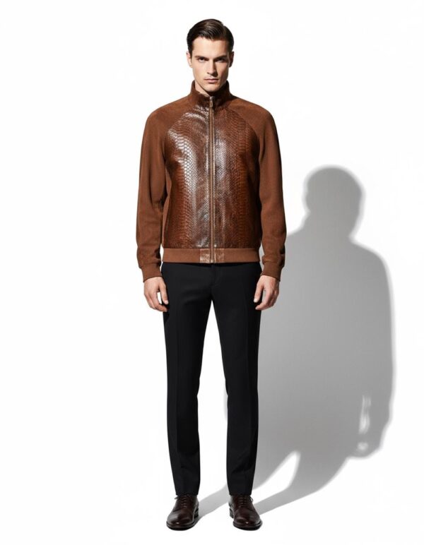 Men's Genuine Python Leather Luxury Suede Brown Bomber Jacket