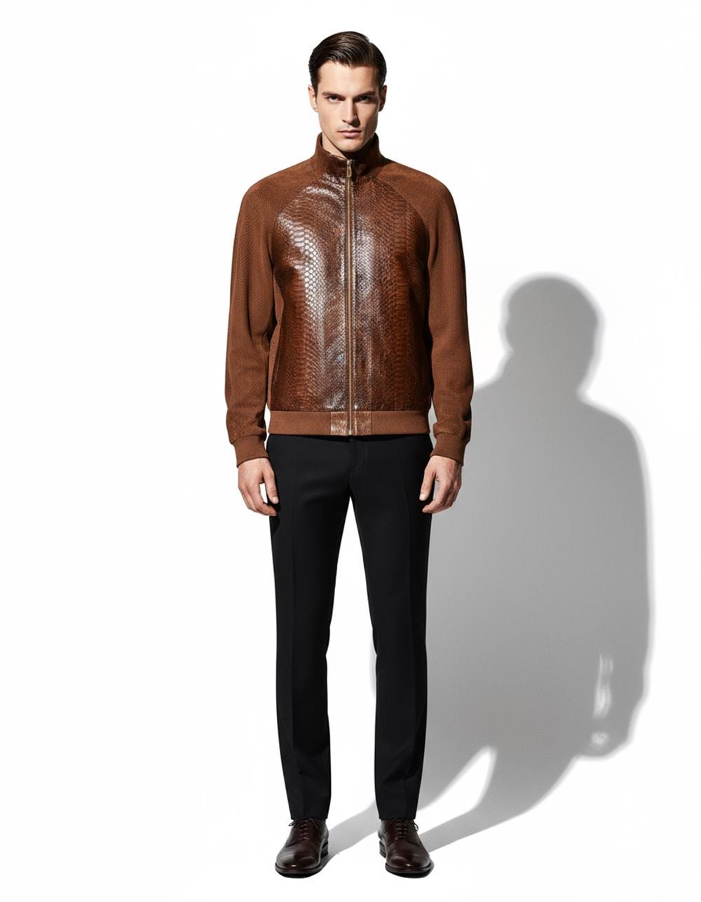Men's Genuine Python Leather Luxury Suede Brown Bomber Jacket