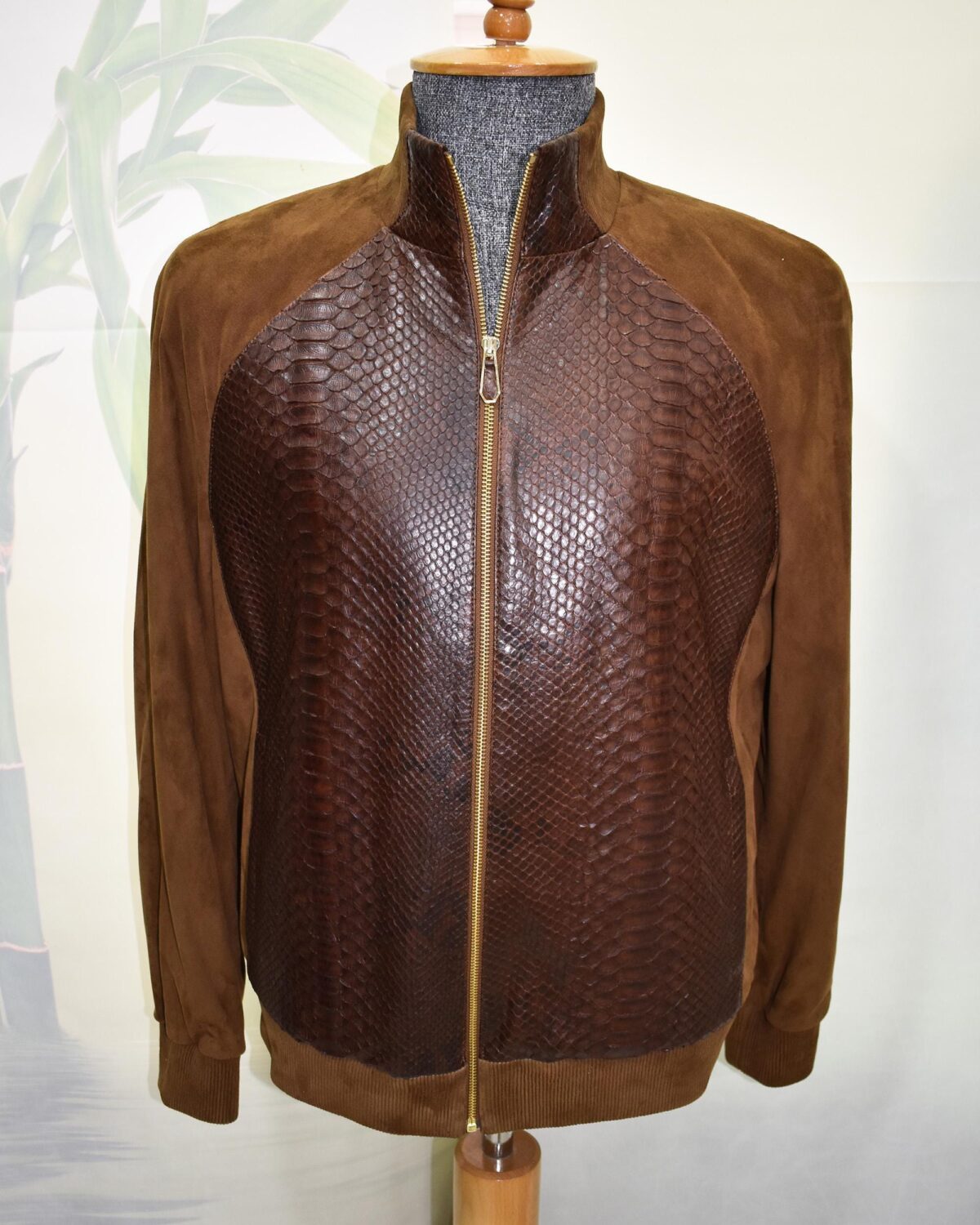 Men's Genuine Python Leather Luxury Suede Brown Bomber Jacket