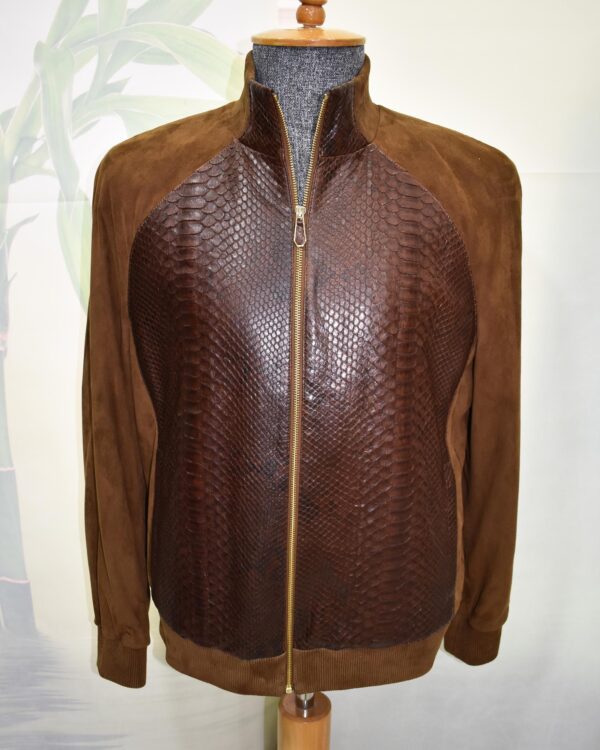 Men's Genuine Python Leather Luxury Suede Brown Bomber Jacket