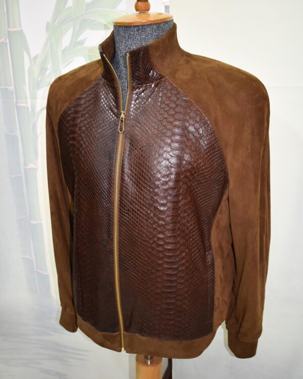 Men's Genuine Python Leather Luxury Suede Brown Bomber Jacket