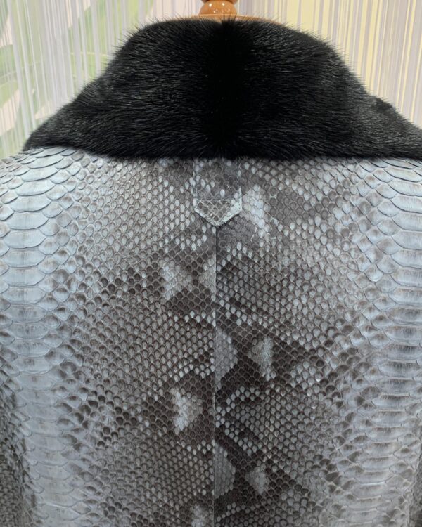 Genuine Python Leather Mink Fur Collar Men's Grey Luxury Biker Jacket