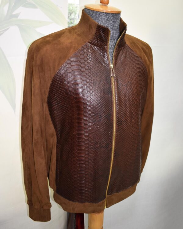 Men's Genuine Python Leather Luxury Suede Brown Bomber Jacket