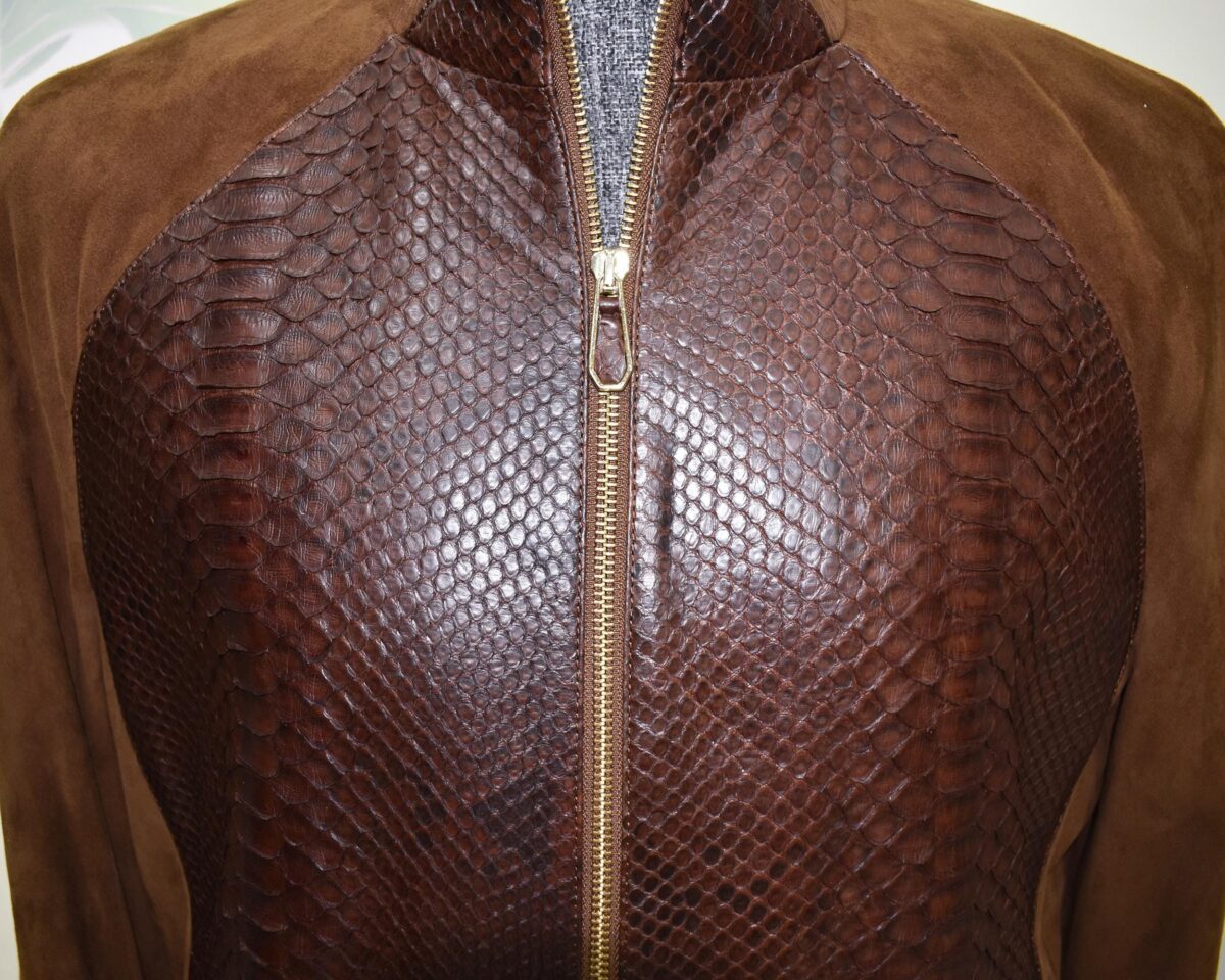 Men's Genuine Python Leather Luxury Suede Brown Bomber Jacket