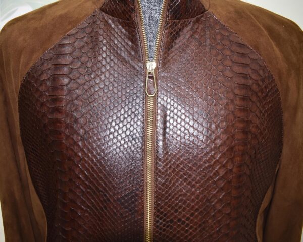 Men's Genuine Python Leather Luxury Suede Brown Bomber Jacket