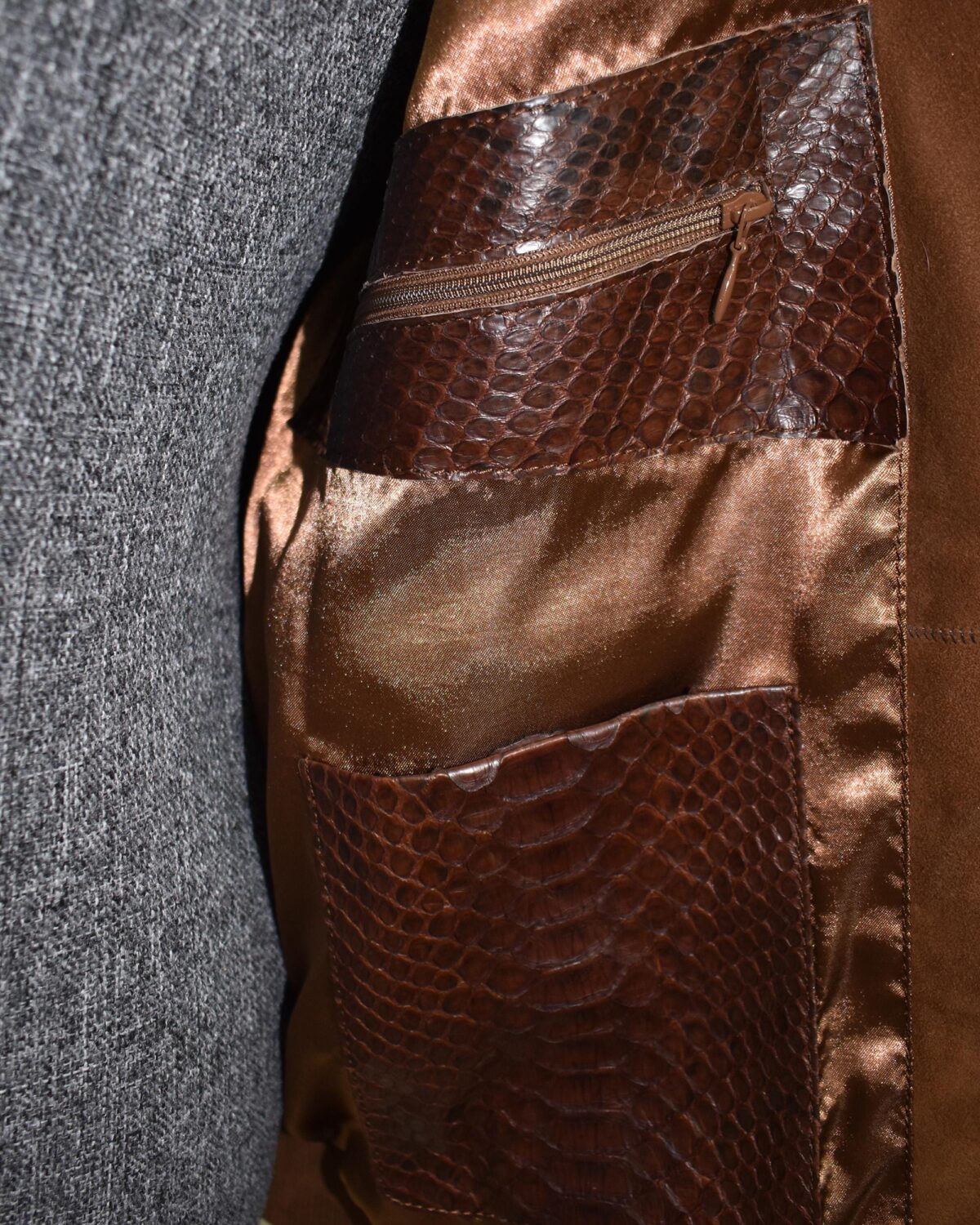 Men's Genuine Python Leather Luxury Suede Brown Bomber Jacket