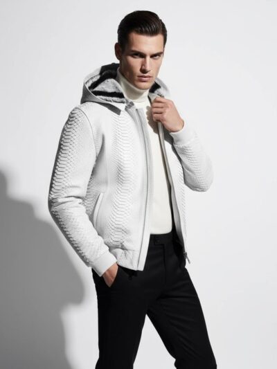 Genuine Python Leather Removable Real Rex Fur Lining Men's Grey Hoodie Jacket