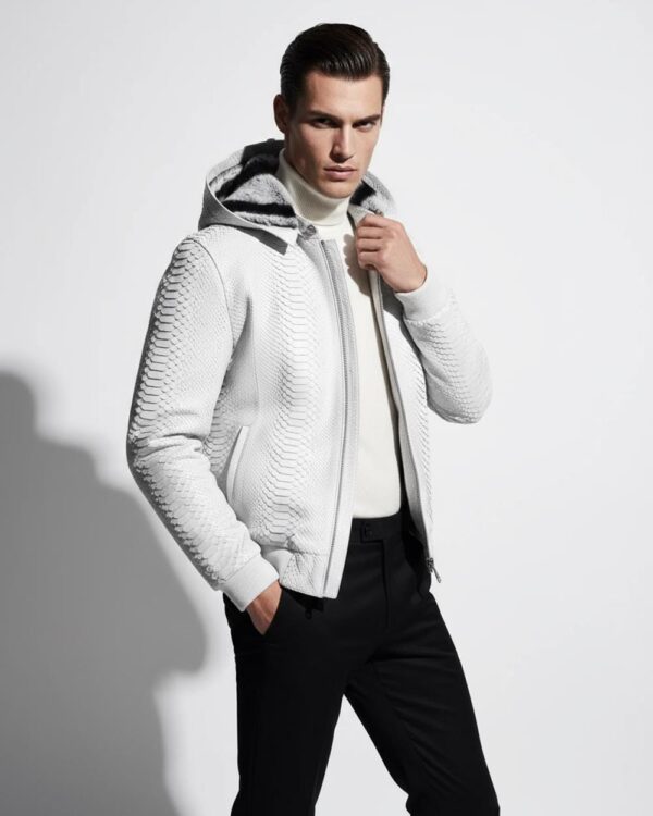 Genuine Python Leather Removable Real Rex Fur Lining Men's Grey Hoodie Jacket