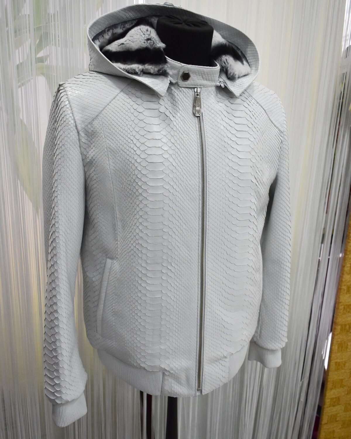 Genuine Python Leather Removable Real Rex Fur Lining Men's Grey Hoodie Jacket