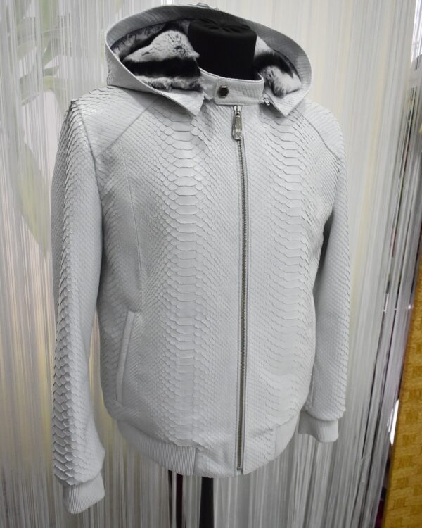 Genuine Python Leather Removable Real Rex Fur Lining Men's Grey Hoodie Jacket