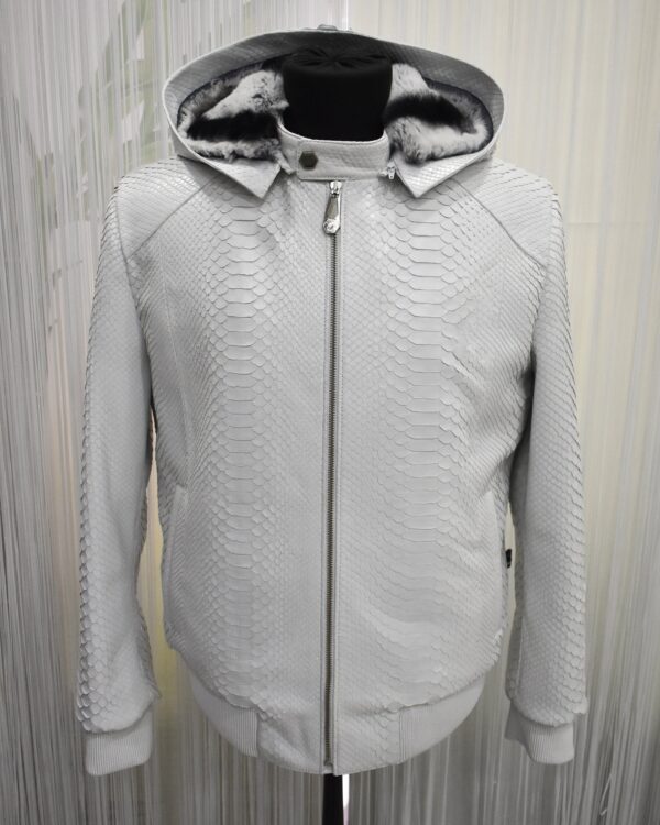 Genuine Python Leather Removable Real Rex Fur Lining Men's Grey Hoodie Jacket