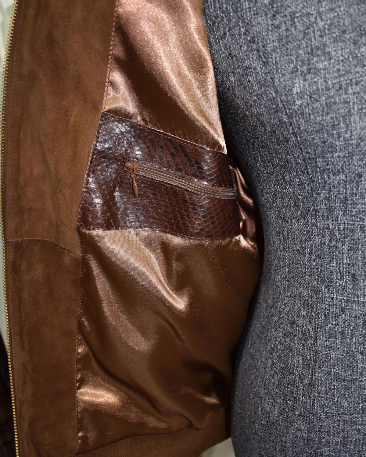 Men's Genuine Python Leather Luxury Suede Brown Bomber Jacket