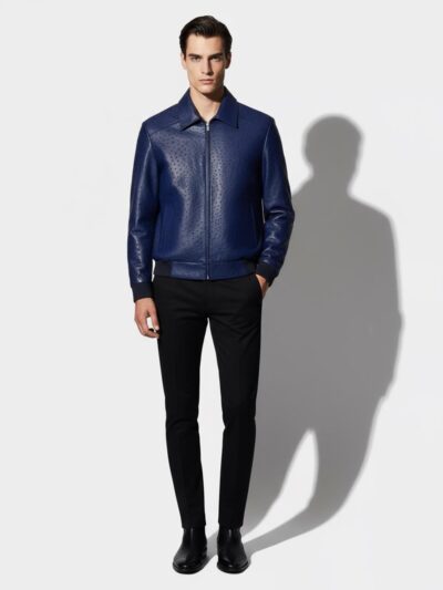 Genuine Ostrich Quill Leather Men's Navy Blue Luxury Handmade Jacket