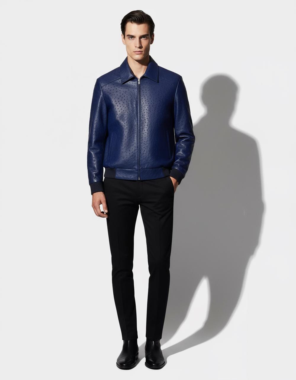 Genuine Ostrich Quill Leather Men's Navy Blue Luxury Handmade Jacket