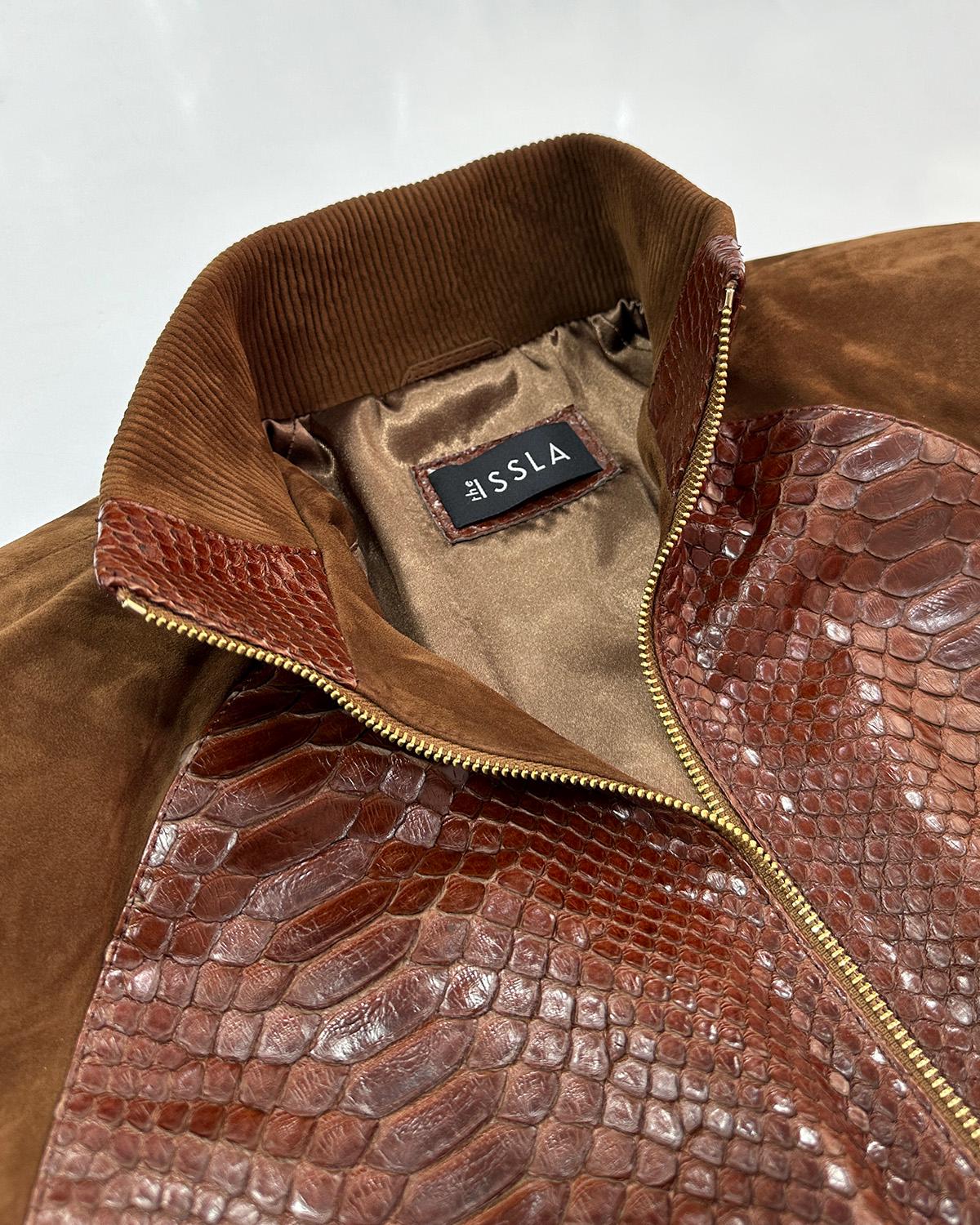 Men's Genuine Python Leather Luxury Suede Brown Bomber Jacket